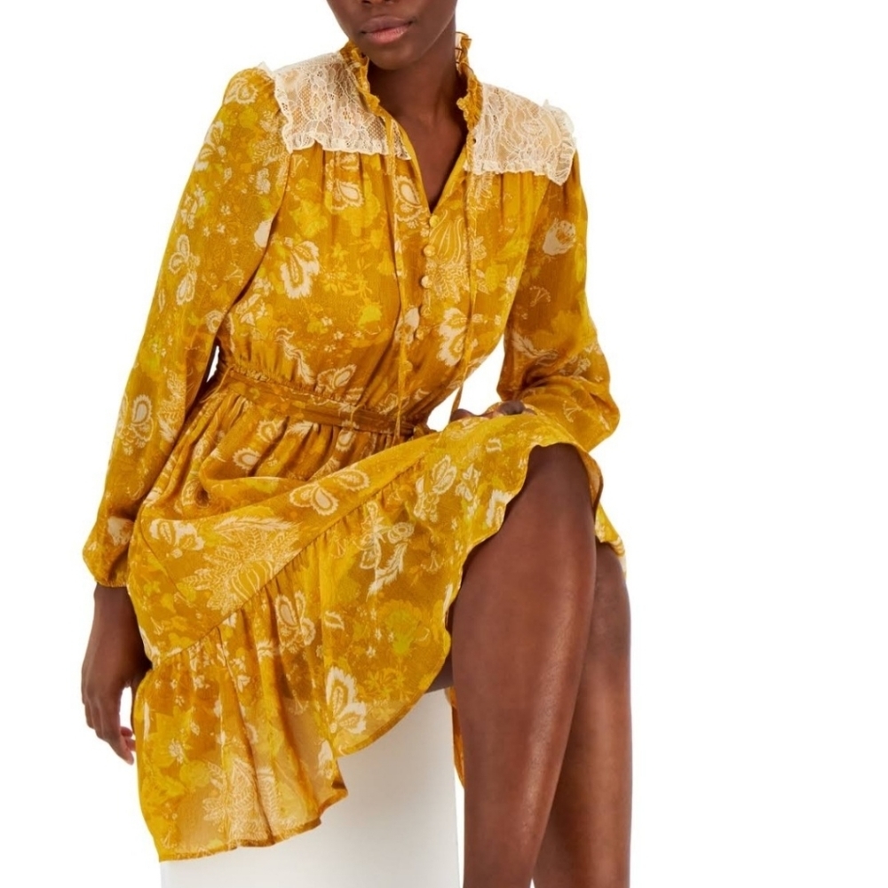 Tahari ASL Lace-Trim Tierred Split Neck Dress SZ 2 NWT Mustard Coquette Girl